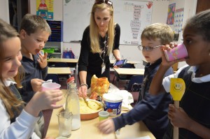 1st Graders cooking Pumpkin Desert to learn math